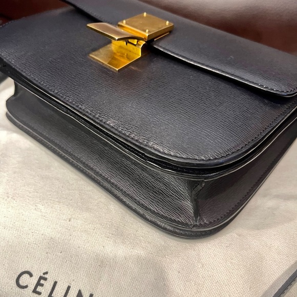 Celine Classic Box Triomphe Medium Calf leather black flap bag canvas handbag - Picture 10 of 16